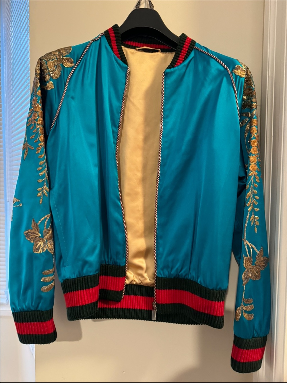Gucci Teal Satin Bomber Jacket with Gold Embroidery